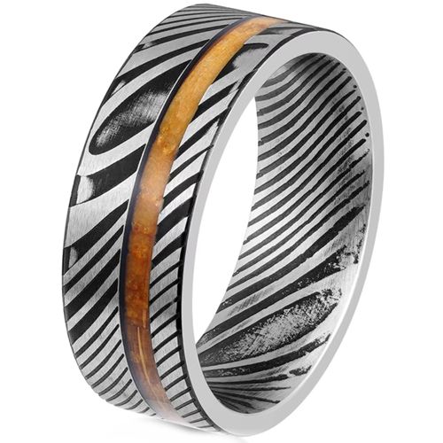 ***COI Titanium Black Silver Damascus Ring With Wood-00809AA