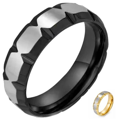 ***COI Titanium Black/Gold Tone Silver Grooves Ring-00815AA