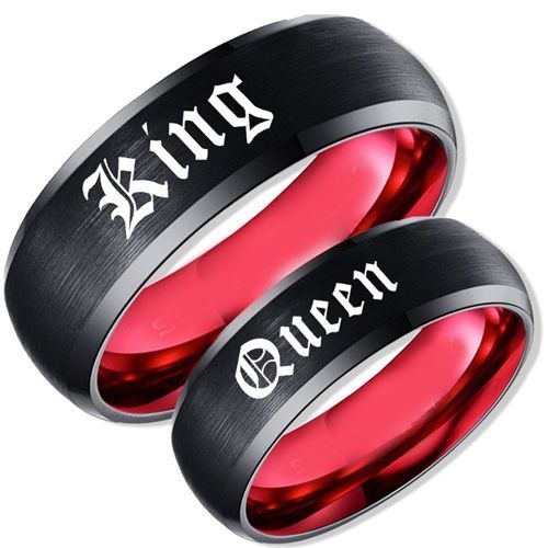 ***COI Titanium Black Red King Queen Beveled Edges Ring-00818AA