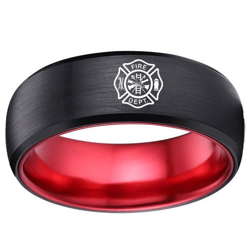 ***COI Titanium Black Red Firefighter Beveled Edges Ring-00821AA