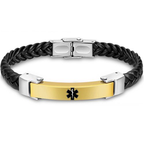 ***COI Titanium Black/Gold Tone/Rose Silver Medical Alert Genuine Leather Bracelet With Steel Clasp(Length: 8.66 inches)-00824AA