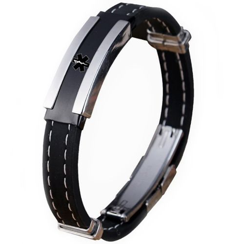 ***COI Titanium Black Silver Medical Alert Rubber Bracelet With Steel Clasp(Length: 8.07 inches)-00827AA