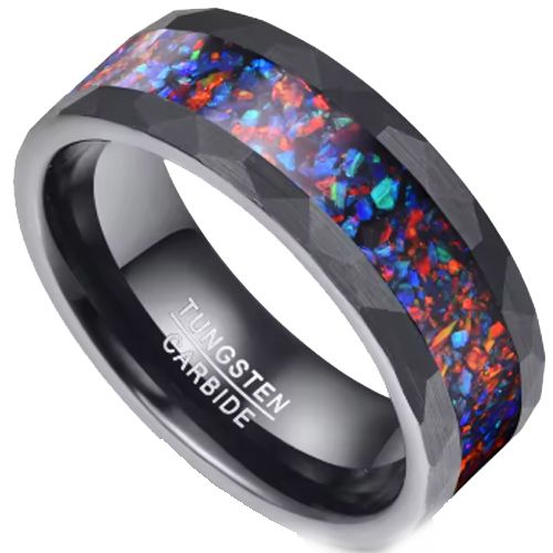 ***COI Black Tungsten Carbide Faceted Ring With Crushed Opal-00830A