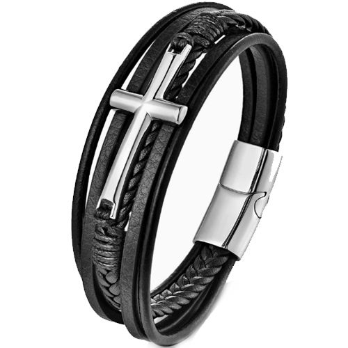 ***COI Titanium Cross Genuine Leather Bracelet With Steel Clasp(Length: 9.06 inches)-00837AA