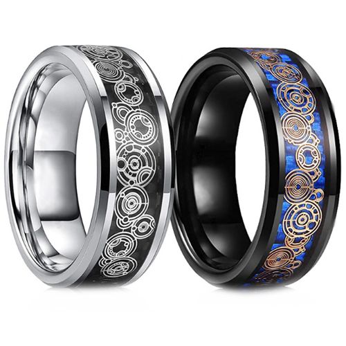 ***COI Titanium Black/Silver Gears & Circle Beveled Edges Ring-00850AA