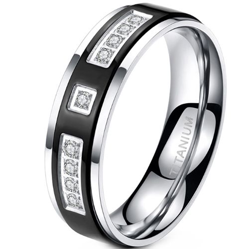 ***COI Titanium Black Silver Step Edges Ring With Cubic Zirconia-00859AA