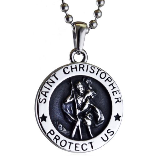 ***COI Titanium Black Silver Saint Christopher Protect Us Pendant-00867AA