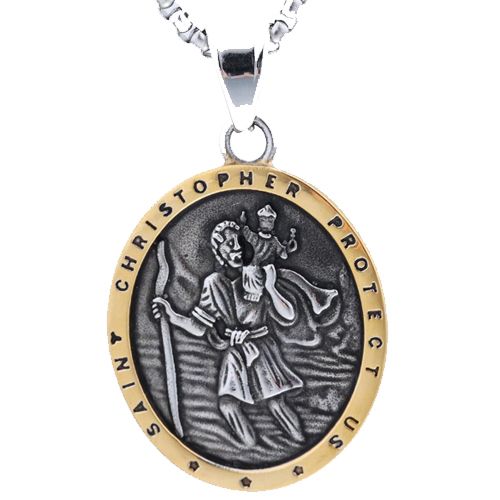 ***COI Titanium Black Gold Tone/Silver Saint Christopher Protect Us Pendant-00868AA