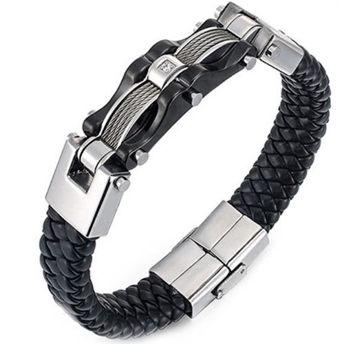 ***COI Titanium Silver/Black Silver/Gold Tone Silver Wire Cubic Zirconia Genuine Leather Bracelet With Steel Clasp(Length: 8.27 inches)-00885AA