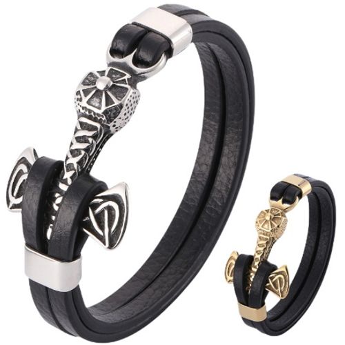 ***COI Titanium Black Gold Tone/Silver Anchor Genuine Leather Bracelet With Steel Clasp(Length: 8.27 inches)-00891AA