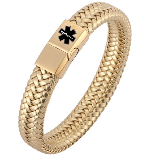 ***COI Gold Tone Titanium Medical Alert Genuine Leather Bracelet With Steel Clasp(Length: 8.27 inches)-00893AA