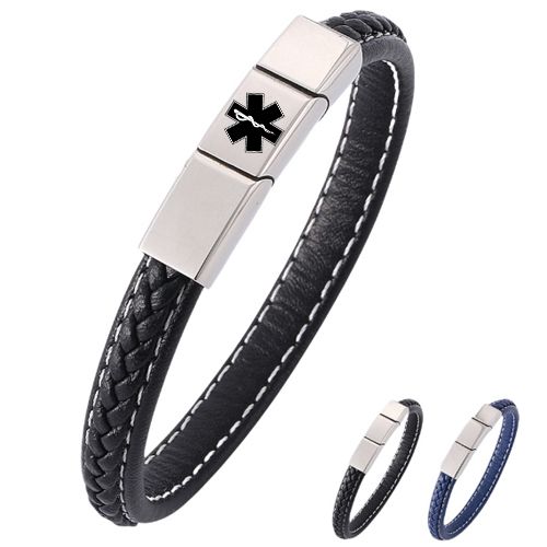***COI Titanium Medical Alert Genuine Leather Bracelet With Steel Clasp(Length: 8.27 inches)-00896AA