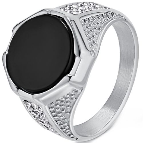 ***COI Titanium Gold Tone/Silver Black Onyx Cubic Zirconia Ring-00906A