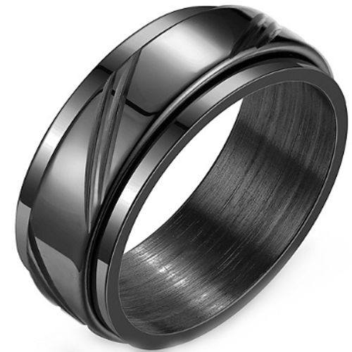 ***COI Titanium Black/Gold Tone/Silver Diagonal Grooves Step Edges Ring-00919AA