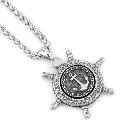 ***COI Titanium Black Silver Anchor & Steering Wheel Pendant-00924AA