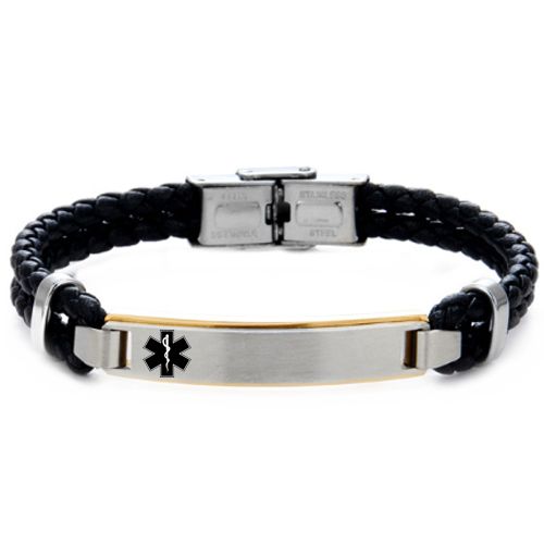 ***COI Titanium Black/Gold Tone/Silver Medical Alert Genuine Leather Bracelet With Steel Clasp(Length: 8.27 inches)-00929AA