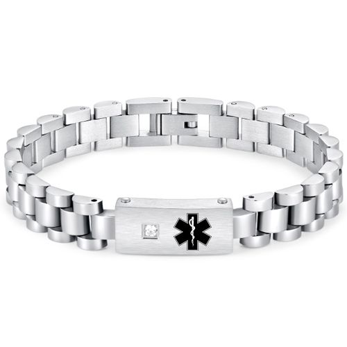 ***COI Titanium Black/Gold Tone/Silver Cubic Zirconia Medical Alert Bracelet With Steel Clasp(Length: 8.27 inches)-00930AA