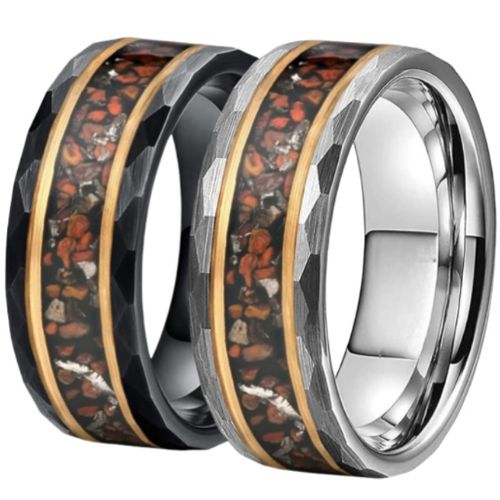 ***COI Titanium Black/Silver Gold Tone Double Grooves Dinosaur Bone Faceted Ring-00939AA