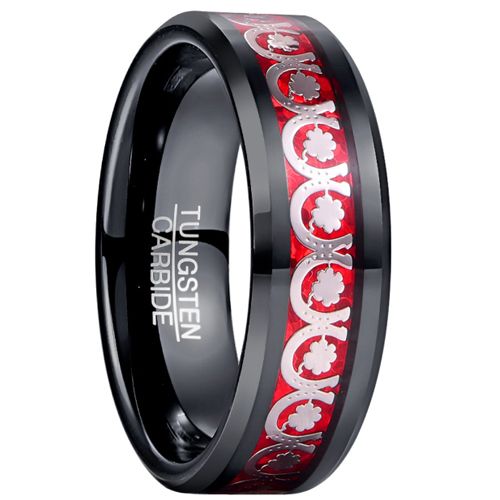 ***COI Black Tungsten Carbide Horseshoe & Clover Ring With Carbon Fiber-00945AA