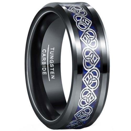 ***COI Black Tungsten Carbide Trinity Knots & Heart Ring With Carbon Fiber-00947AA