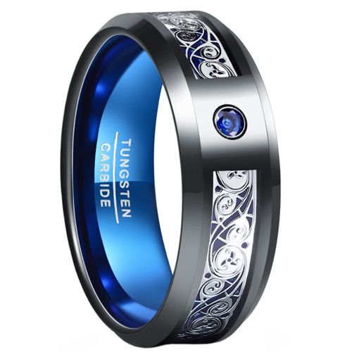 ***COI Black Tungsten Carbide Trinity Knots & Celtic Ring With Created Blue Sapphire-00948AA