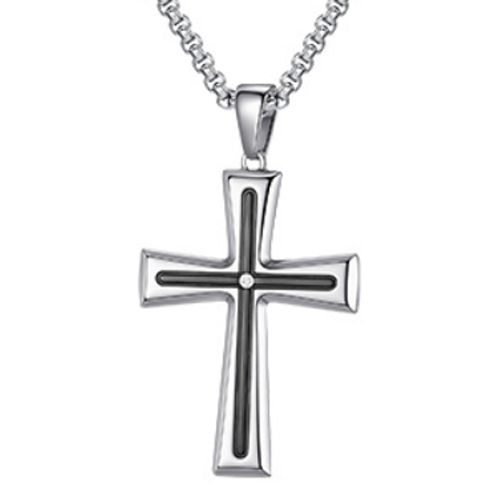 ***COI Titanium Black Silver Cross Pendant With Cubic Zirconia-00951AA