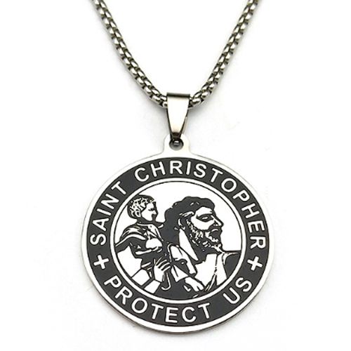 ***COI Titanium Black Silver Saint Christopher Protect Us Pendant-00963AA