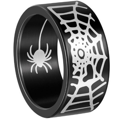 ***COI Titanium Black/Silver Spider & Web Pipe Cut Flat Ring-00967AA