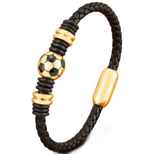 ***COI Titanium Black/Gold Tone/Silver Soccer Genuine Leather Bracelet With Stainless Steel Clasp(Length: 8.27 inches)-00973AA