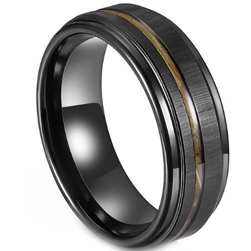 ***COI Black Tungsten Carbide Offset Groove Step Edges Ring With Wood-00977AA