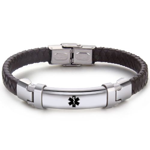 ***COI Titanium Medical Alert Genuine Leather Bracelet With Stainless Steel Clasp(Length: 8.46 inches)-00989AA
