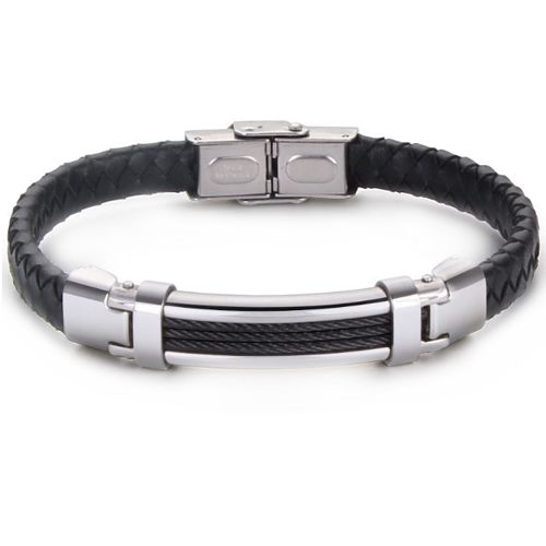 ***COI Titanium Black/Gold Tone/Silver Wire Genuine Leather Bracelet With Stainless Steel Clasp(Length: 8.46 inches)-00990AA