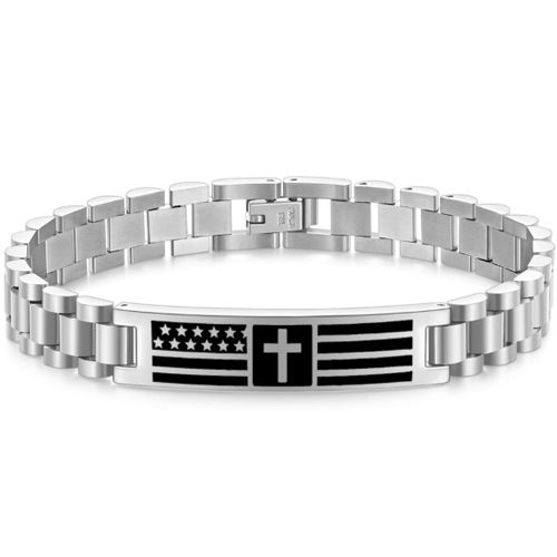 ***COI Titanium Black/Gold Tone/Silver Cross & American Flag Bracelet With Stainless Steel Clasp(Length: 8.27 inches)-00998AA
