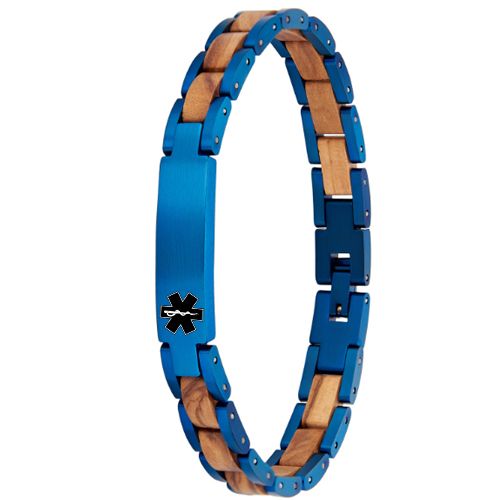 ***COI Titanium Blue/Rose Black Medical Alert Koa Wood Bracelet With Stainless Steel Clasp(Length: 8.66 inches)-01016AA