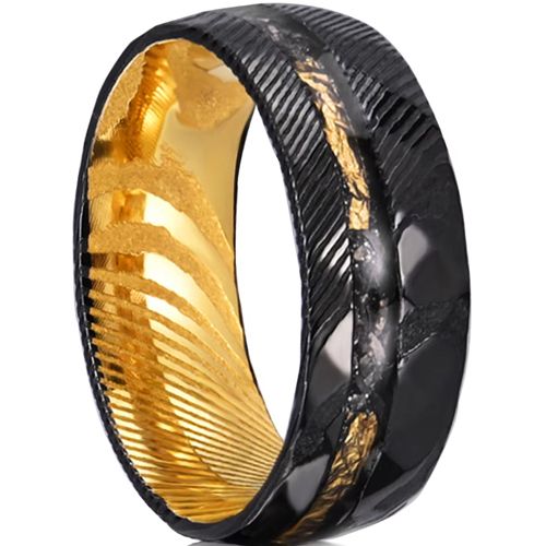 ***COI Tungsten Carbide Black Gold Tone Damascus Ring With Meteorite & Gold Foil-01018AA