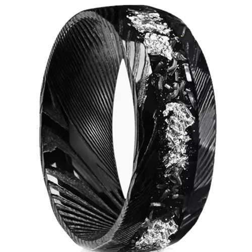 ***COI Black Tungsten Carbide Damascus Ring With Meteorite & Silver Foil-01023AA
