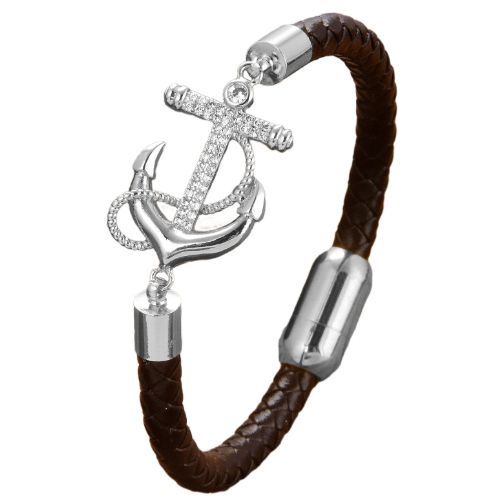 ***COI Titanium Black/Gold Tone/Silver Anchor Cubic Zirconia Genuine Leather Bracelet With Stainless Steel Clasp(Length: 8.27 inches)-01027AA