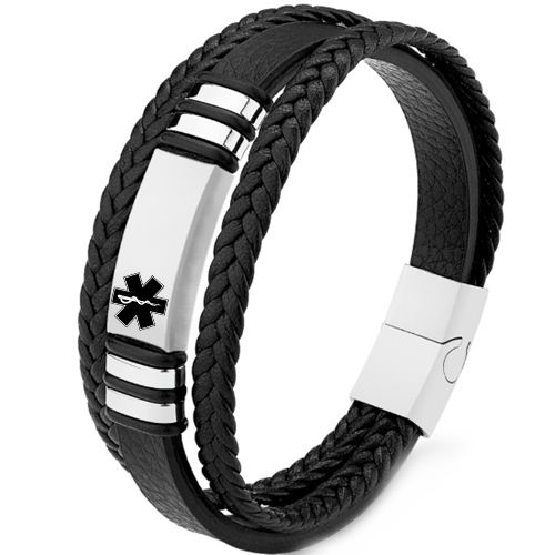 ***COI Titanium Black Silver Medical Alert Genuine Leather Bracelet With Stainless Steel Clasp(Length: 9.06 inches)-01034AA