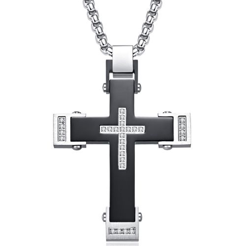 ***COI Titanium Black Silver Cross Pendant With Cubic Zirconia-01056AA