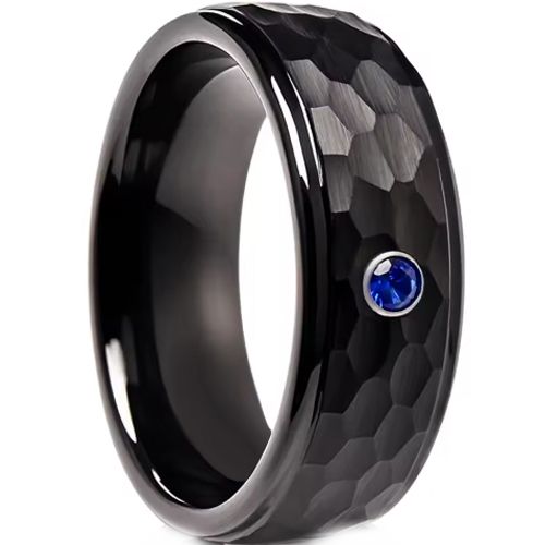 ***COI Black Tungsten Carbide Hammered Step Edges Ring With Created Blue Sapphire-01074AA