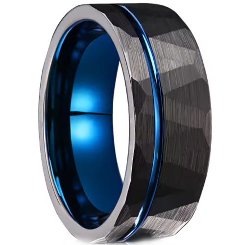 ***COI Tungsten Carbide Black Blue Offset Groove Faceted Ring-01077AA