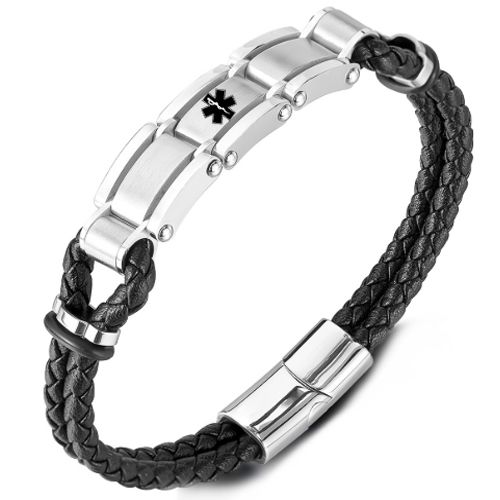***COI Titanium Medical Alert Genuine Leather Bracelet With Steel Clasp(Length: 8.27 inches)-01078AA