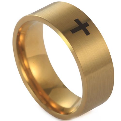 ***COI Titanium Black/Gold Tone/Silver Cross Pipe Cut Flat Ring-01083AA