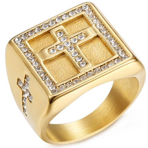 ***COI Gold Tone Titanium Cross Ring With Cubic Zirconia-01084AA