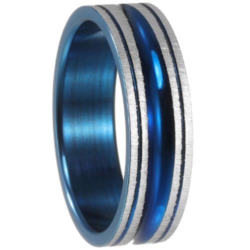 ***COI Titanium Blue Silver Grooves Ring-01086AA