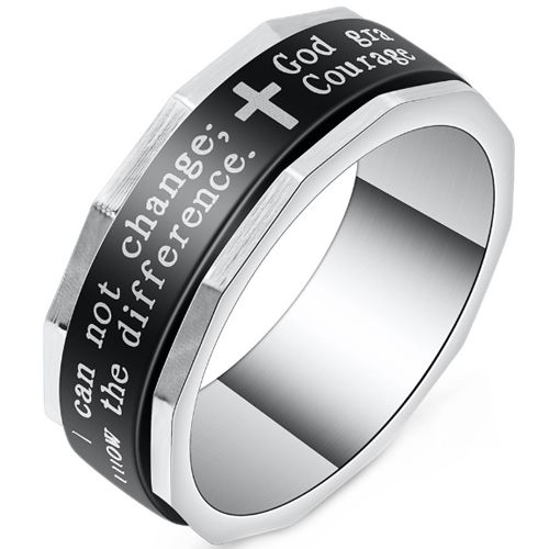 ***COI Titanium Black Silver Cross Prayer Rotating Ring-01087AA
