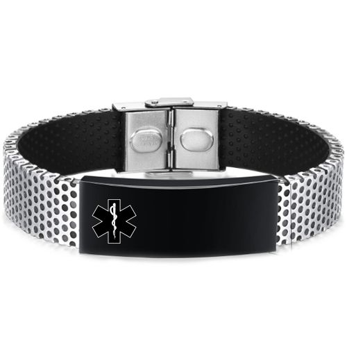 ***COI Titanium Black Silver Medical Alert Genuine Leather Bracelet With Steel Clasp(Length: 8.07 inches)-01096AA