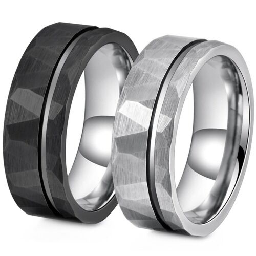 ***COI Titanium Black/Silver/Gold Tone Silver Offset Groove Faceted Ring-01152AA