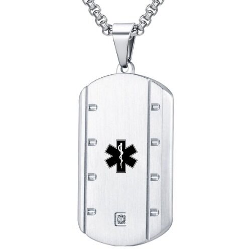 ***COI Titanium Black/Silver Medical Alert Pendant With Cubic Zirconia-01157AA