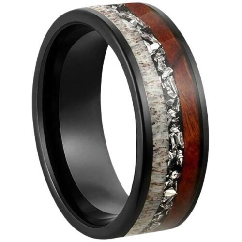 ***COI Black Titanium Deer Antler Meteorite & Wood Ring-01172AA